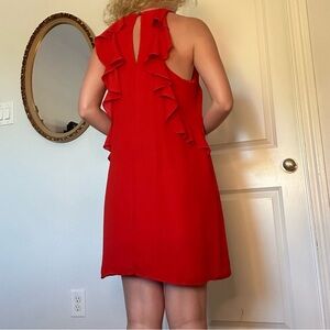 Women’s Knee-Length Flowy Red Everly Dress with High Neck & Back Ruffles Sz Med